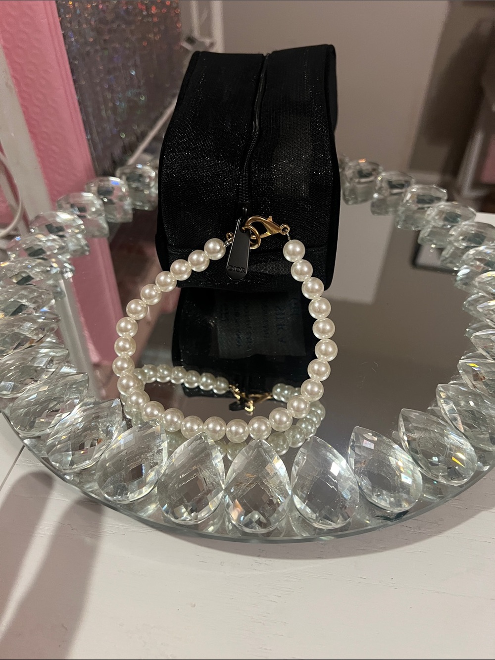 Dior Black Mesh Cosmetic Pouch with Pearl Strap - Picture 3 of 5